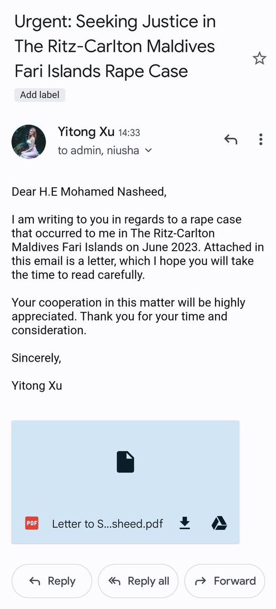 I am very concerned after reading  @YolyYitong’s letter, and hearing about her case. I call on <a href="/PoliceMv/">Maldives Police</a> to swiftly and thoroughly investigate this incident.
