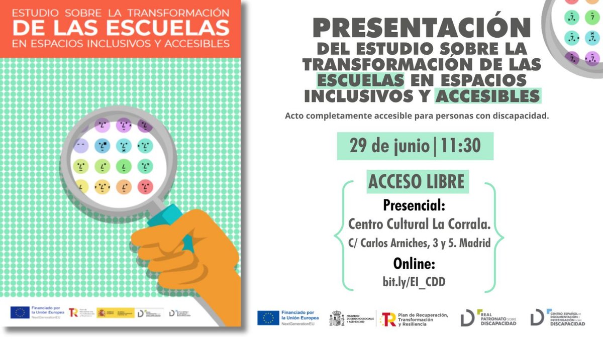 CEDID_dis's tweet photo. 🎉 ¡Presentamos nuestro 𝗲𝘀𝘁𝘂𝗱𝗶𝗼 𝘀𝗼𝗯𝗿𝗲 𝗲𝘀𝗰𝘂𝗲𝗹𝗮𝘀 𝗶𝗻𝗰𝗹𝘂𝘀𝗶𝘃𝗮𝘀 𝘆 𝗮𝗰𝗰𝗲𝘀𝗶𝗯𝗹𝗲𝘀!

📆 29 de junio.
🕦 11:30.
📍 La Corrala, Madrid.
🎟️ Acceso libre.
💻 Retransmisión online: https://t.co/bH9xtOsROT.
♿ Evento accesible.

🔗 https://t.co/7Nvdenpqp9 https://t.co/r8zJqS1omh