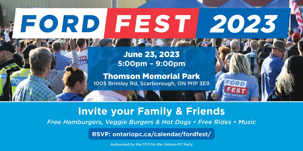 Have you RSVP’d for Ford Fest yet? Hope to see lots of #NewmarketAurora friends there.
Please join us on Friday, June 23, 2023, from 5:00-9:00pm at Thomson Memorial Park. The entire event is free including hotdogs, hamburgers and carnival rides!
RSVP: ontariopc.ca/events/fordfes…