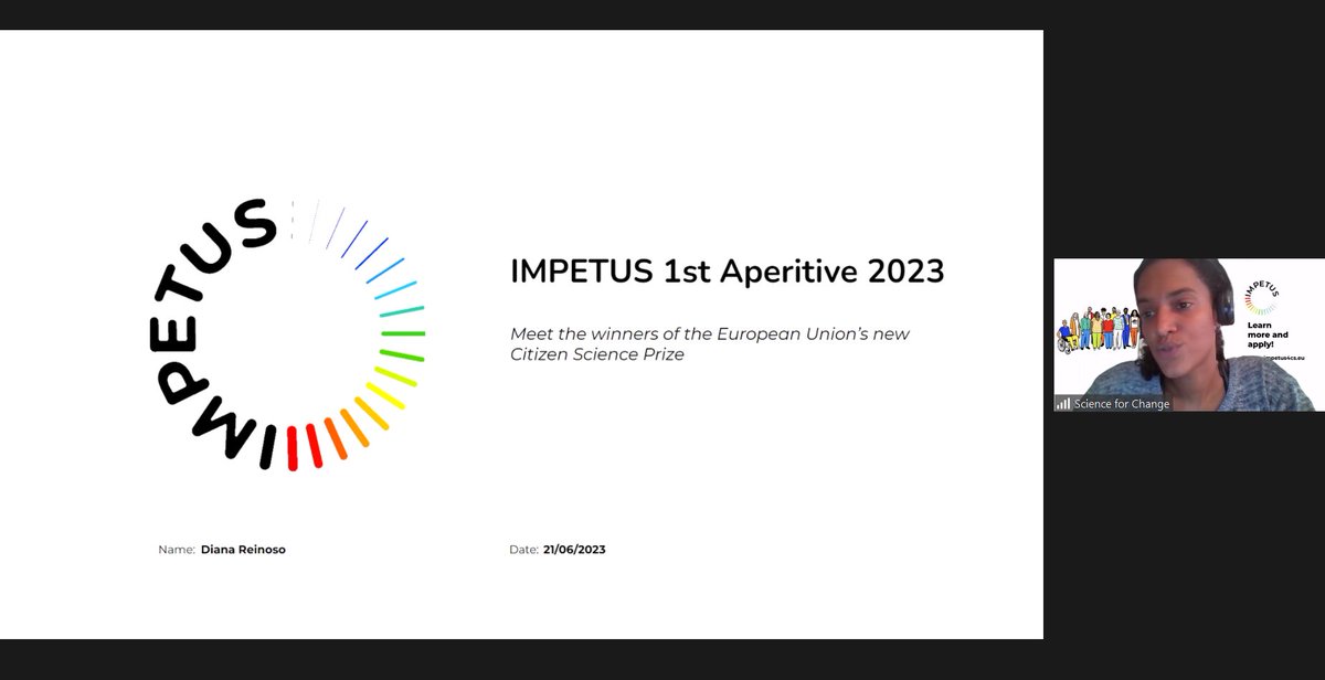 SciencefChange's tweet image. And we are live in our first #IMPETUSAperitive session!

A peer-learning and networking session with the #CitizenScience community!

Today we have the #EUCitizenSciencePrize awardees @isala_UAntwerp @RestartProject #UrbanBelonging