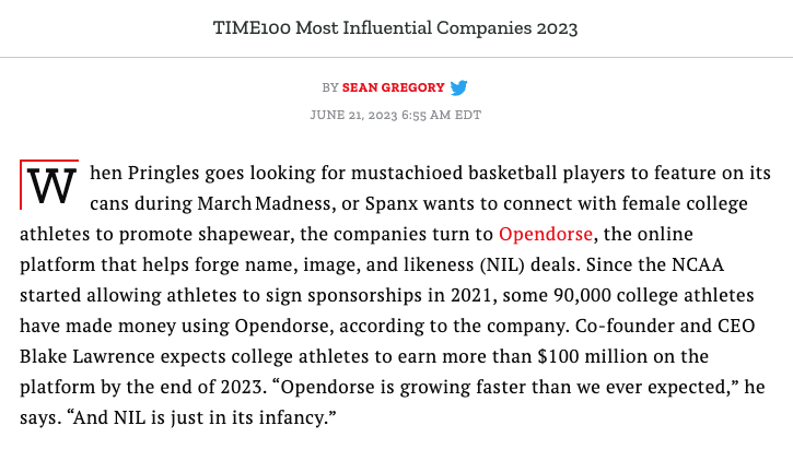 Blake_Lawrence's tweet image. TIME has named Opendorse one of the 100 most influential companies in the world.
The honor is proof that athlete empowerment is center stage at all levels of sports — and the NIL industry has representation on the global level.
These 5 tweets explain what we do: