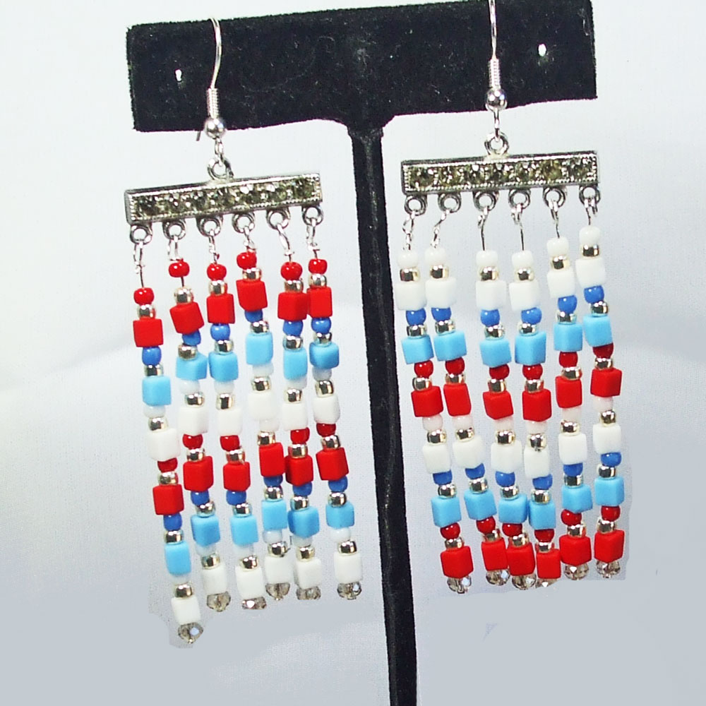 *Red, Blue, and White, Dangle earrings from silver bar and silver ear wires.
*size: 2 ½ inch in length from ear wire to bottom. #JBSG Buy Now-Pay Later bit.ly/42qO7X0  #earrings  #Red/white/Blue  #LaborDay  #HolidayEarrings  #Dangles  #silverearrings   #gift forWomen