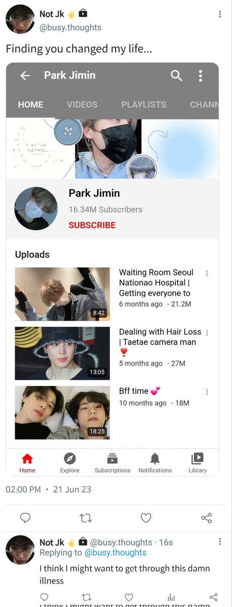 jm95lovely's tweet photo. #jikookau Hold Your Hand ❣️

Jk finds Prk Jm's YT channel, where he posts videos of him going through cancer &amp; chemo.

He falls in love w/ this 21 yo sometimes breaking down, but most times cheerful.

Jk so badly wants to meet the person who's helped him through his own ordeal... https://t.co/FgzymOiahN