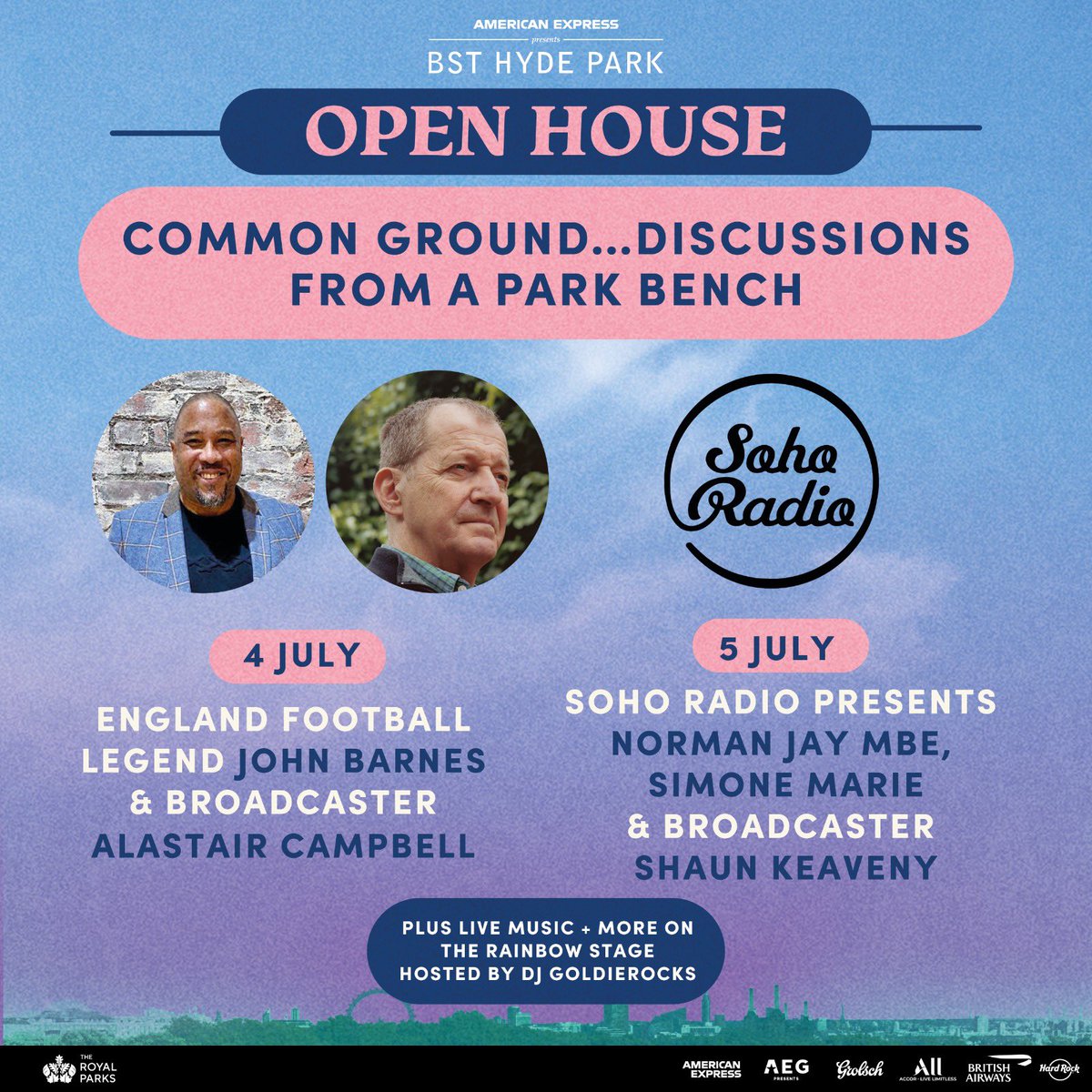 Join me 6pm on Tues 4th July for COMMON GROUND... DISCUSSIONS FROM A PARK BENCH live in Hyde Park. I’ll be discussing all things football, politics, racism and capitalism with broadcaster Alastair Campbell. For more information head to: bst-hydepark.com/open-house