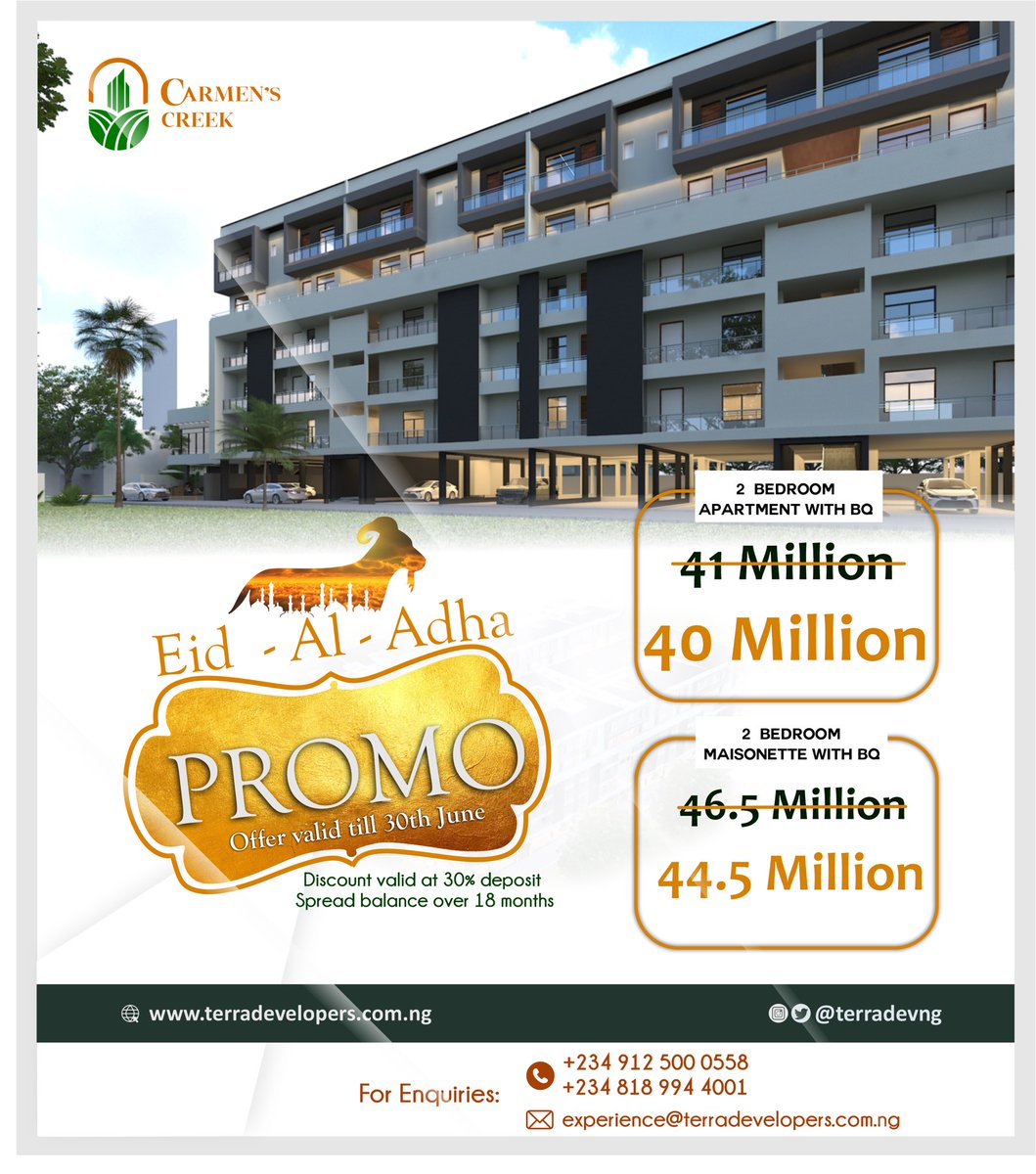 We are thrilled to announce exclusive discounts at Carmen's Creek, for this special Eid al-Adha season!
 
For more info, call/WhatsApp 0912-5000-558 or 0818-9944-001

#TerraDevelopers #CarmensCreek #Terradiscounts #RealEstateDevelopment #propertiesforsale