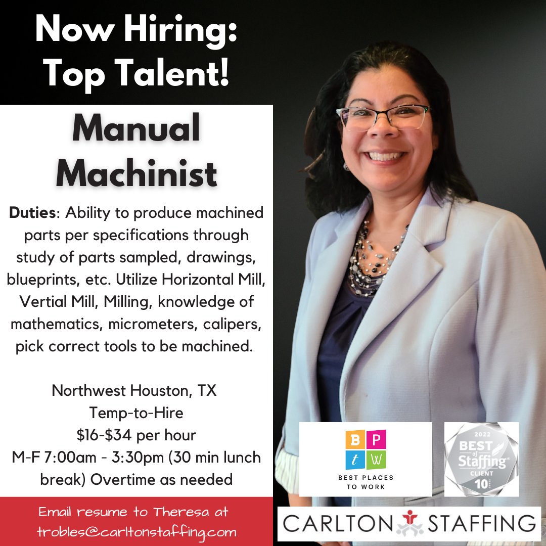Theresa has several openings for Manual Machinists in Northwest Houston!  If you or someone you know has experience, we'd love to talk to you about our opportunities today!  Give us a call at 713.329.9990 or apply online now! conta.cc/45EZEF0
