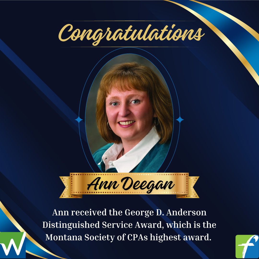 Ann received the George D. Anderson Distinguished Service Award, which is the Montana Society of CPAs highest award. 

Congratulations, Ann, and thank you for being a dedicated lifetime member of AFWA! 💚💙

#AFWA #AFWAFoundation