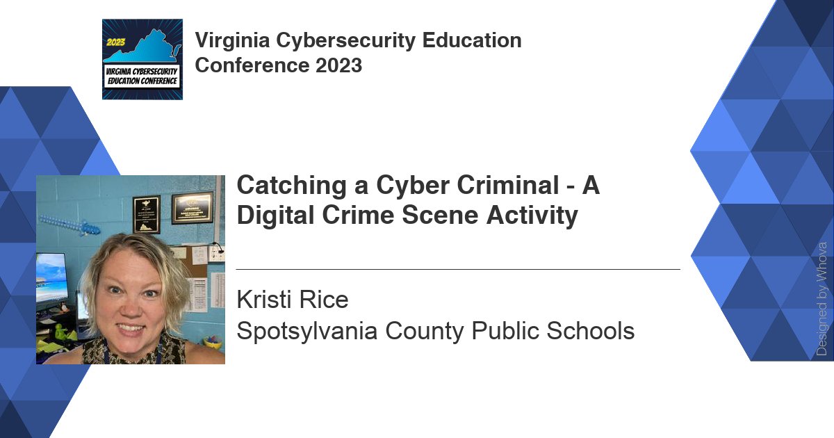VaCyberRange's tweet photo. Here's a sneak peek at one of the events coming at #VACyberEduCon23! Kristi Rice will be hosting a digital workshop where participants will use cyber forensics techniques to decide the fate of a crime suspect.

Join us in July - register today! https://t.co/WtDTY7hULd https://t.co/kGiV1E2Cbu