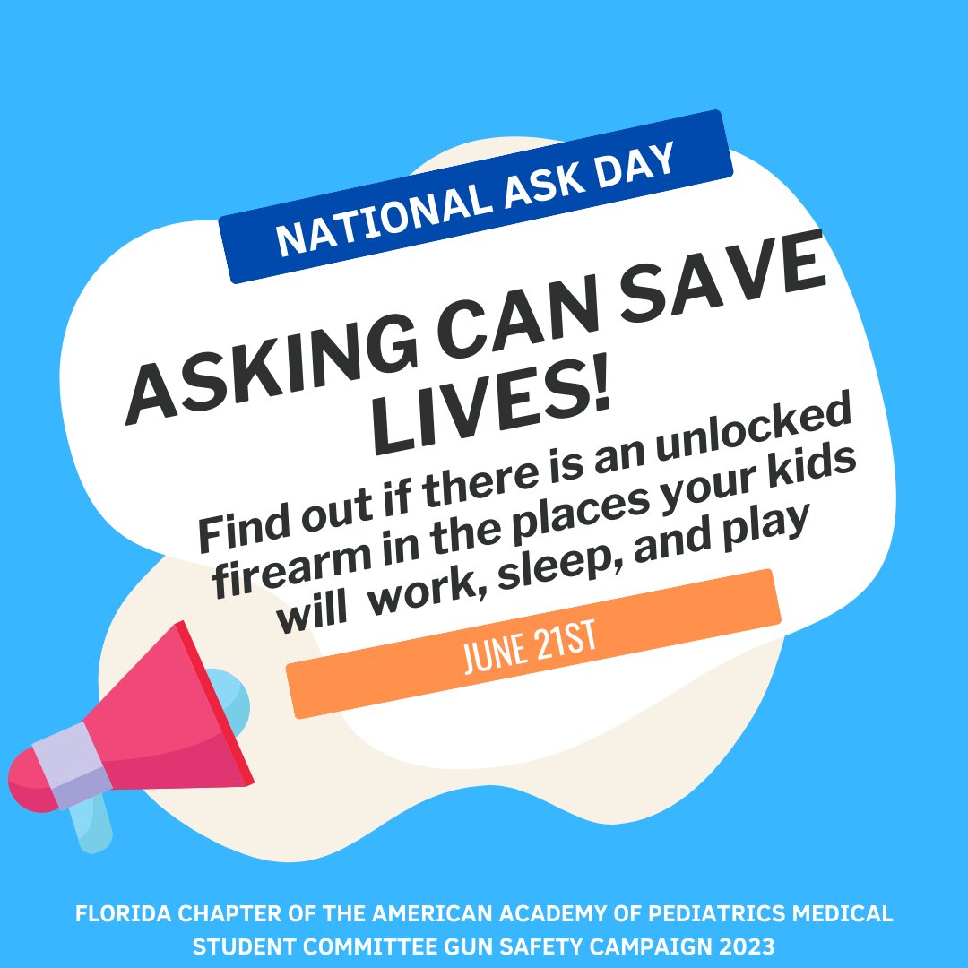FloridaAAP's tweet photo. June 21st marks National Ask Day! Swipe through to learn more about National Ask Day and for tips on how to ask about unlocked firearms! Follow @BradyCenter and @EndFamilyFire for more resources. #LocksforLives #EndGunViolence #AAPAdvocacy #MedTwitter #PedsTwitter https://t.co/wolZ4FDkaS