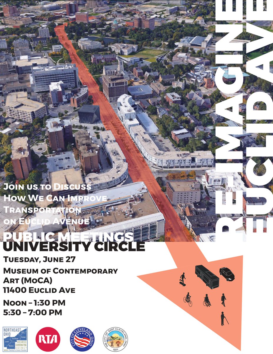 Do you have thoughts on how transportation could be improved on Euclid Avenue? Next week, attend a public meeting at @moCaCleveland to learn more about Re-imagine Euclid, a planning study led by @NOACA_MPO, @GCRTA, @CityofCleveland, and @EClevelandOH.