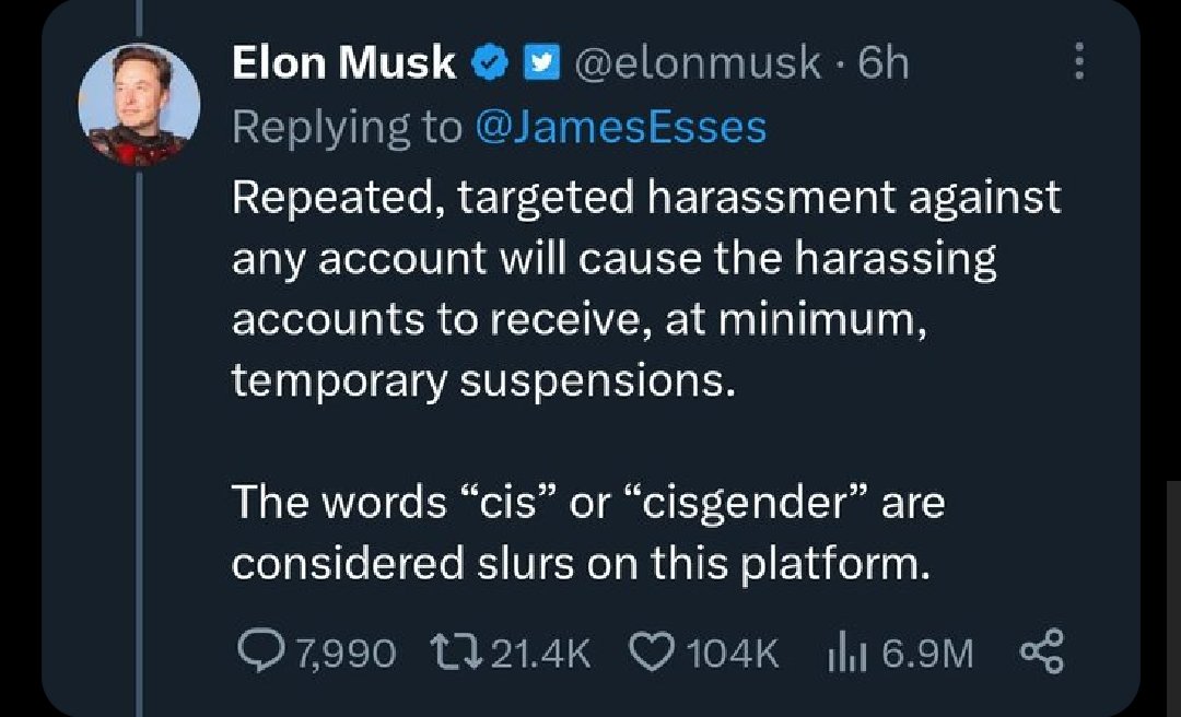 This is some misogynistic, bigoted bullshit. I identify as cis/cisgender, but fully support equality for LGBTQIA2S+.
Elmo Musk can go suck all the dicks.