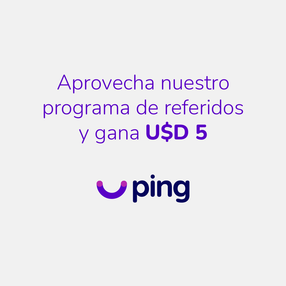 🟣 Aprovecha nuestro Programa de Referidos y gana 5 dólares por cada persona que tú recomiendes y use Ping. 
💫 ¿Cómo funciona? Es muy simple. En la App vas a encontrar la sección de Programa de Referidos con tu Link y Código para poder hacerlo.
#letsping