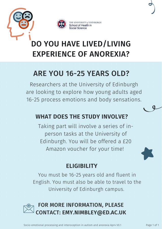 Any 16-25 year olds in Edinburgh looking to earn a bit of spending money for summer holidays? @emy_nimbley is running experimental study on campus where you will be paid £20 for participation, email address below! Open to everyone but also looking individuals with anorexia too