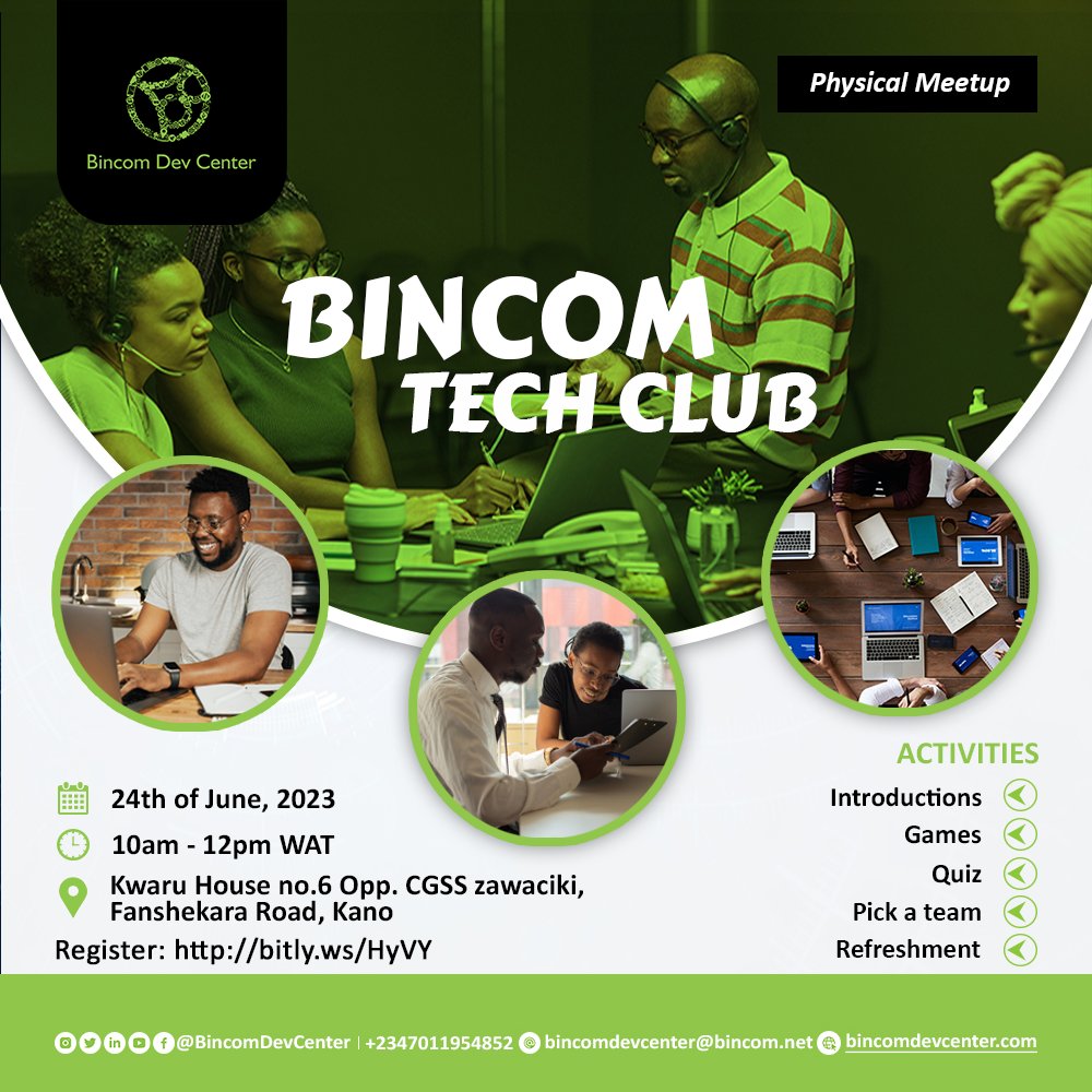 BincomDevcenter's tweet photo. Within or around Ibadan, Kano or Lagos? We've got something special for YOU!

A physical tech meetup for our Tech Club, remember your network is crucial in your tech career journey.

Bincom Tech club help Beginners, Newbies and People just starting their journey into tech. https://t.co/o3FqtTjwmO