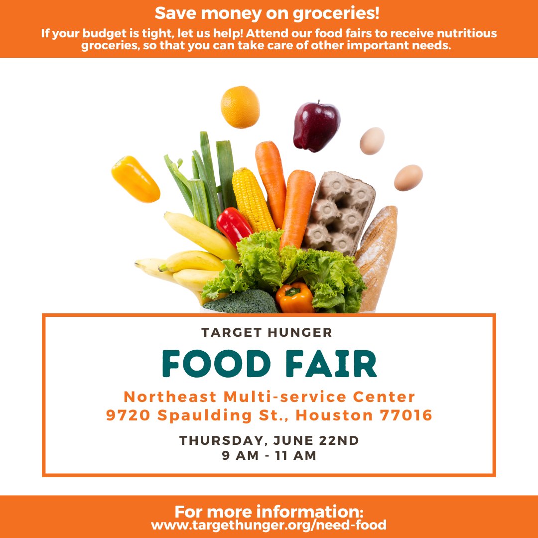 TargetHunger's tweet photo. If you need food - there will be a Food Fair tomorrow!
🍊
Food Fairs are open to anyone, you do not have to be a client to attend.
🥕
Please note that all events are subject to cancellation based on weather.
#freefood #foodpantry #houstonfoodpantry #houstonfood #needfood https://t.co/n7FnifKMmy