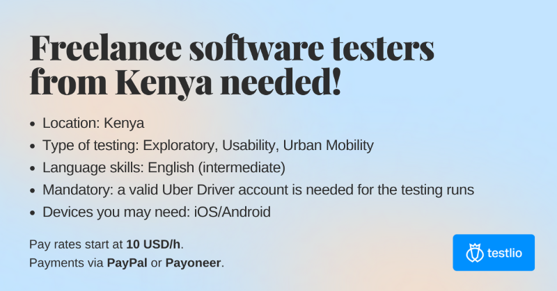 TestlioNetwork's tweet photo. Hey gig workers ✌️ Ready for a drive?
Testlio is #hiring 😎 We are looking for freelance software testers to join a massive Urban Mobility project 🚕
We accept both manual testers open for a driving gig, and Uber drivers who want to explore testing.
Click to learn more 👍