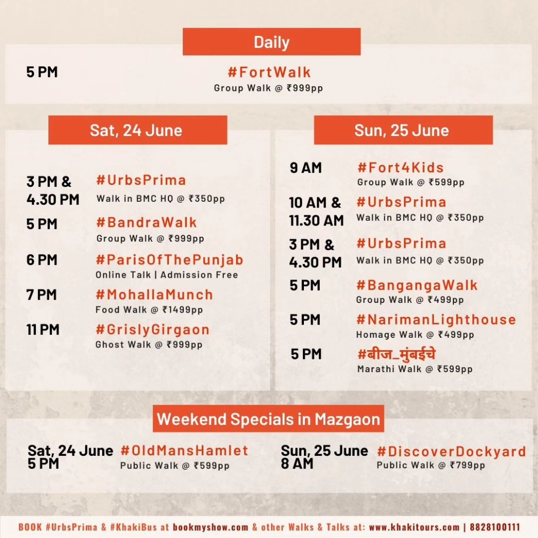 Khaki_Tours's tweet photo. This weekend, have some mazaa in Mazgaon

Explore Mazgaon with us, this weekend. On Saturday evening, join us for the #OldMansHamlet heritage walk in Matharpacady, and for #DiscoverDockyard around the #DockyardRoad station on Sunday morning.

For some mazedar food, join us on the #MohallaMunch food walk in Bohri Mohalla on Saturday evening. And for some more mazaa, top that with the #GrislyGirgaon ghost walk, later on Saturday night.

More fun comes your way on our regular walks and tours - #BandraWalk on Saturday evening, #BangangaWalk and the #NarimanLighthouse walk inside Colaba’s Chabad House on Sunday evening, the #UrbsPrima walk inside the BMC headquarters on both days of the weekend, and #FortWalk every evening.

Why rob your kids of some fun?! Let them discover their city on our #Fort4Kids heritage walk on Sunday morning.

If it’s मजा you are looking for, then opt for the #बीज_मुंबईचे heritage walk in Marathi on Sunday evening.

For even more fun, take off to Turkey with us on our #TurkeyUnveiled tour from 23 Sept to 3 Oct, 2023. You just need to take a few days off as the tour is spread over two weekends and two public holidays. Book before 30th June to avail a double benefit - an Early Bird discount of US$150, and just 5% TCS instead of 20% TCS in force from 1st July.

If you can’t make it to Turkey, you can head to Kapurthala instead on our Online Talk #ParisOfThePunjab on Saturday evening. Author, historian and cultural enthusiast Cynthia Meera Frederick will showcase French influences on art and architecture in the city. You can also catch the talks you have missed on the Khaki Lab YouTube channel.

What a fun!

📍Book now at: https://t.co/iK2lqaP4aZ

#ExploreMumbai #MumbaiCity #ILoveMumbai #MumbaiDarshan #DiscoverMumbai #BMCHeadquarters #BandraHeritage #WalkingTour #India #HeritageWalks #Things2DoInMumbai #Bandra #Banganga #Fort #IndianHeritage #Mazgaon #ChabadHouse #JewishCommunity #2611Attacks #KidsActivities #Girgaon #MarathiHeritageWalk #BohriMohalla