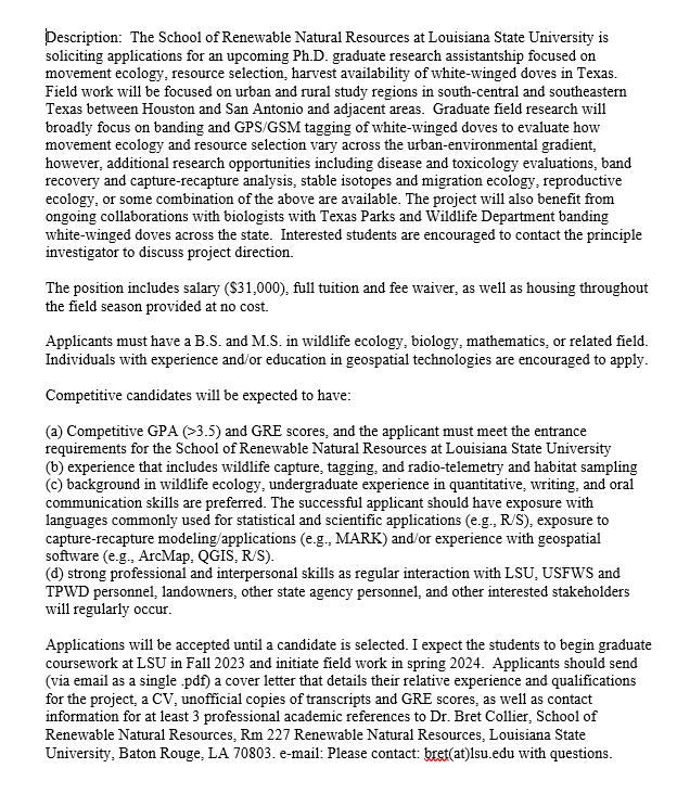 Bret Collier (@drshortspur) on Twitter photo Please RT:  New PhD student position studying white-winged dove ecology in Texas with me and TPWD.  Lots of banding and GPS-GSM tags + opportunities to do resource selection across an urban gradient, study disease, contaminants, harvest, and migration. Please RT:  New PhD student position studying white-winged dove ecology in Texas with me and TPWD.  Lots of banding and GPS-GSM tags + opportunities to do resource selection across an urban gradient, study disease, contaminants, harvest, and migration.