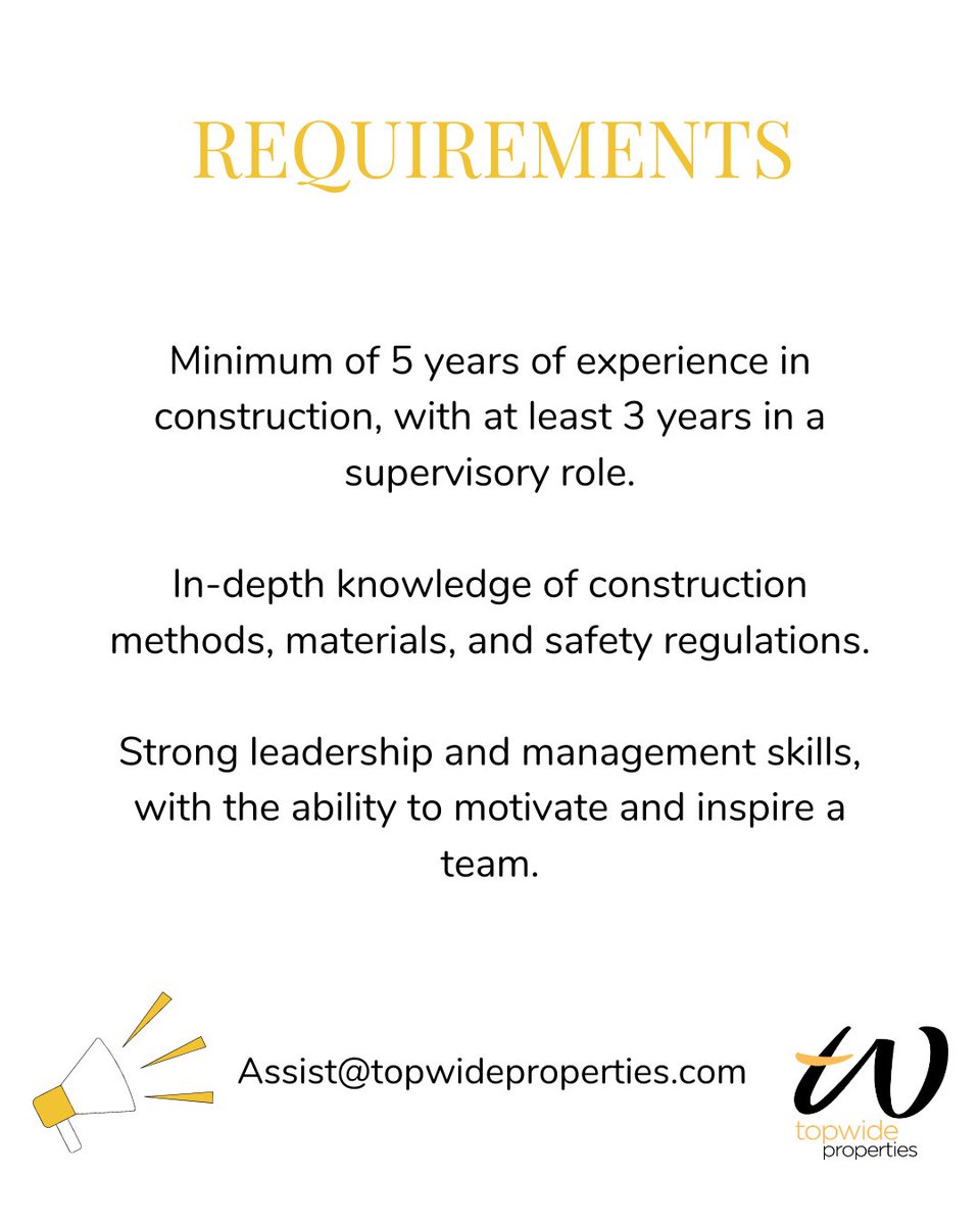 Join our team!
We are looking for a construction supervisor / manager.

HOW TO APPLY
Please apply by submitting your resume through direct message or to our Email
Assist@topwideproperties.com
📩
#torontoJobs #MississaugaJobs #OntarioJobs #NowHiring #JoinOurTeam #ConstructionJobs