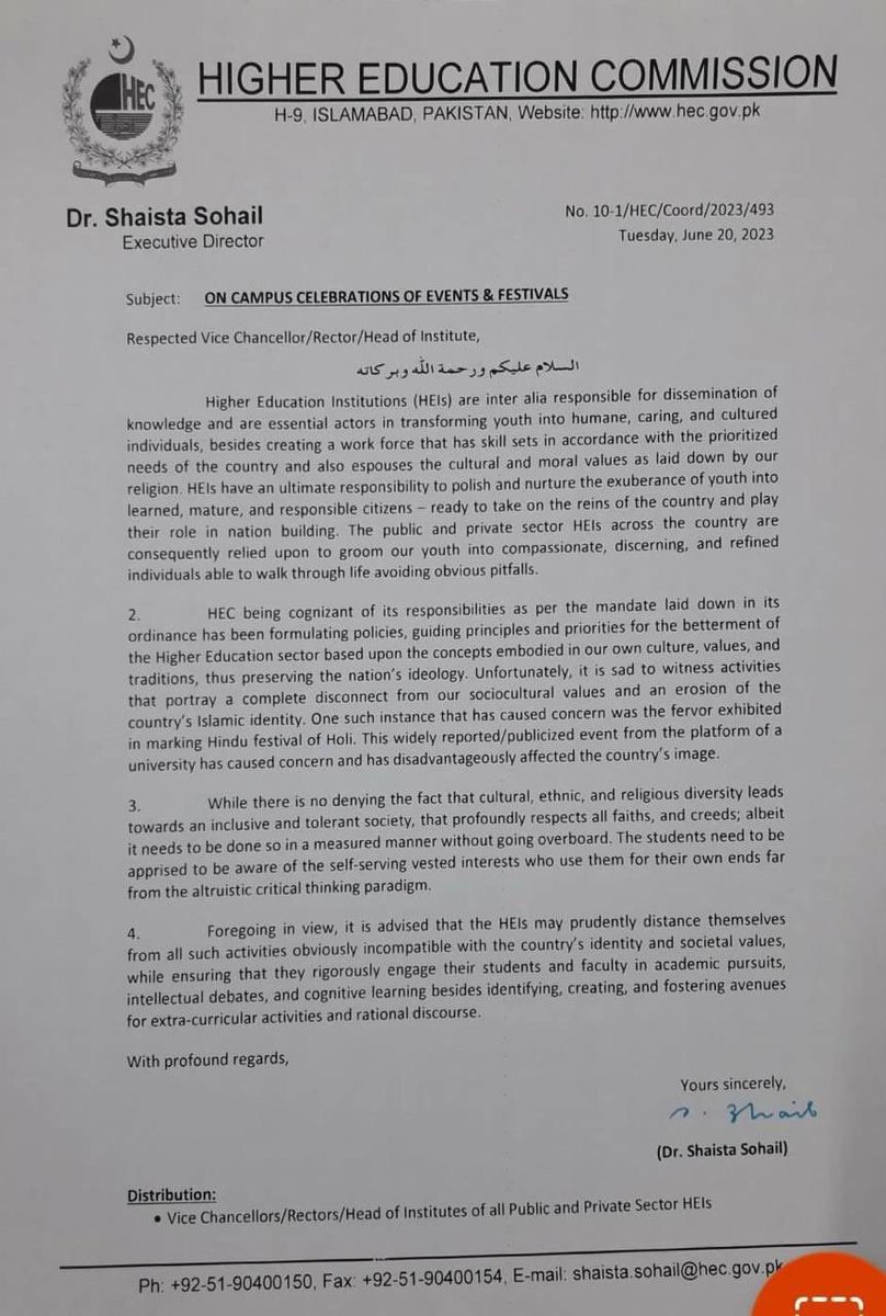 Dr. Shaista Sohail at the HEC needs to explain exactly how celebrating Holi at a university has “disadvantageously affected the country’s image”. 

Absurd letter. Surely HEC should concentrate on fulfilling its given mandate, instead of laying down such exclusionary policies.