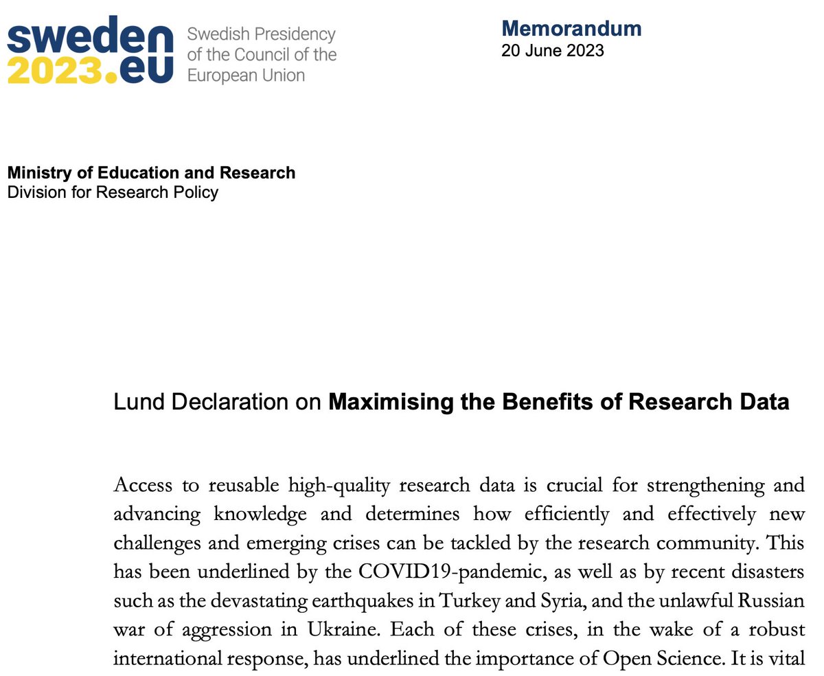 Lund Declaration on #ResearchData is out. 📢
Full text at ➡️swedish-presidency.consilium.europa.eu/media/5wehfvzx… 
Stresses the need for continuous effort to make data sharing deeply ingrained in research.

#EU2023SE #OpenScience