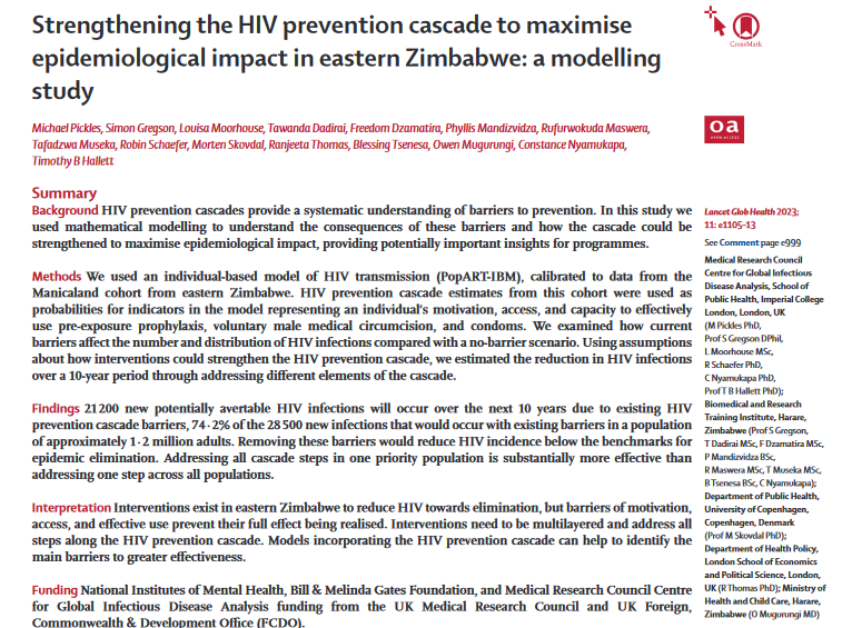 Our latest publication in @LancetGH by Dr Michael Pickles from @ManicalandHIV models the effect of hypothetical interventions at each stage of the HIV Prevention Cascade to assess the impact on HIV incidence in Manicaland, Zimbabwe doi.org/10.1016/S2214-… @MRC_Outbreak