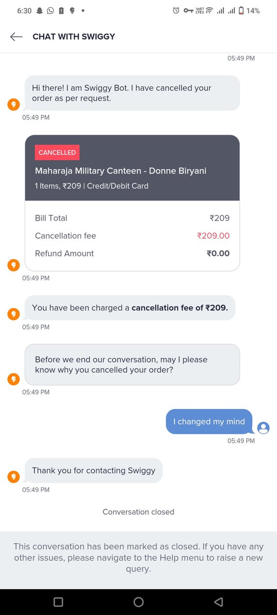 RahulJ9591's tweet photo. Questioning @Swiggy @SwiggyCares rationale for charging a cancellation fee within 2 minutes. Last time when the delivery person was late to go to the hotel you provided a complete refund where i was hungry and had to reorder despite waiting for 1hr. But now you can't. Waah https://t.co/8Ghx0iBUGX