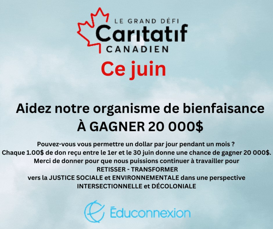 💙 Plus que 9 jours pour soutenir notre campagne au Grand Défi Caritatif Canadien ! Aidez-nous à remporter les 20 000 $! 
Faites un don sur canadahelps.org/fr/organismesd… et partagez pour créer un monde meilleur.
#GrandDéfiCaritatifCanadien #JusticeSociale #Environnement