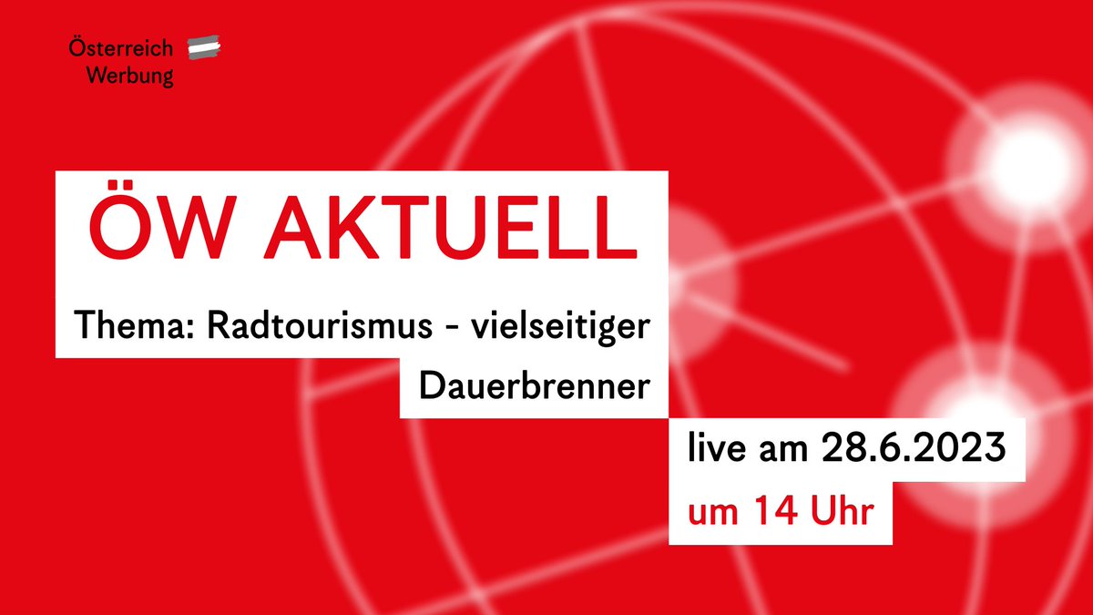 🔴 #live am 28.6., 14 Uhr unter visit.austria.info/6019O7Kgx: Die 10. Folge #oewaktuell zu „Radtourismus - vielseitiger Dauerbrenner'. Moderator Gerald Böhm, ÖW Kooperation, spricht mit Paco Wrolich, Kärnten Werbung, und Jaroslav Jachim, ÖW Tschechien, zu Radurlaub in Österreich.