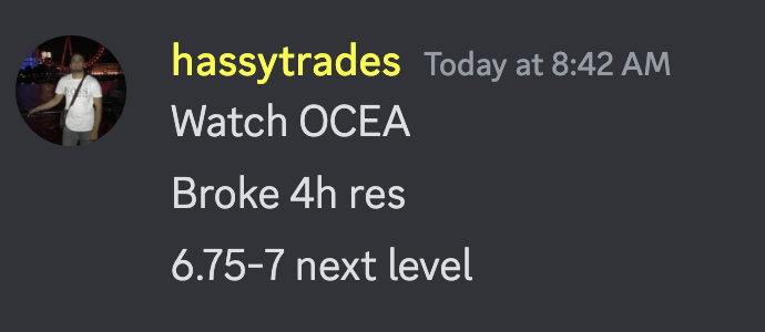 acestrader's tweet photo. $OCEA $6.97 - $7.99
Over 14% Gain 
@hassytrades with the killer alert is the discord https://t.co/B4Zl4Y3LYE
