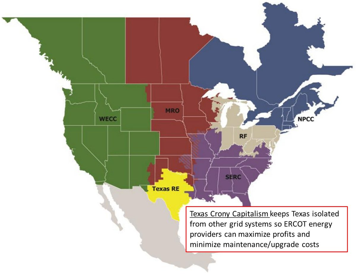 @KarthikForTexas Why is most of Texas in a isolated independent electric grid system?

Max Profits = Texas Crony Capitalism

#ERCOT created to max profits

Dismantle Texas Crony Capitalism

Vote out #GregAbbott 

Retire #ERCOT 

Join The Western Grid System.

Problem solved