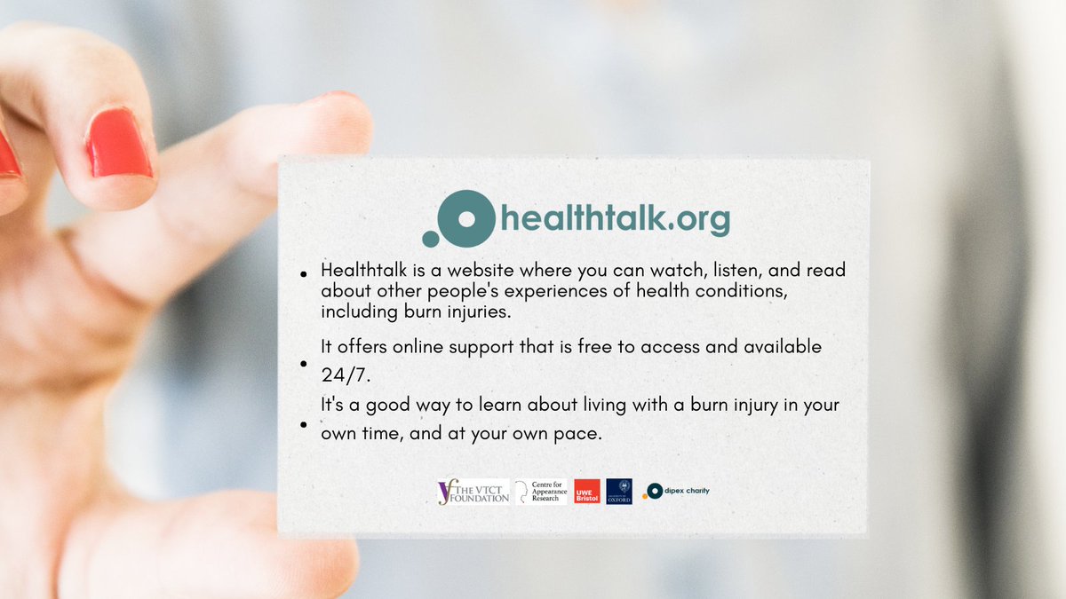 Christia Huntington (@cla_huntington) on Twitter photo I'm at the #BBA2023 and have lots of business cards promoting the new burns resource on <a href="/healthtalkorg/">Dipex Charity</a> ready to hand out. These can be given to patients, colleagues, and families.
DM me if you'd like some! 👏
#BBAConference2023 <a href="/BritishBurn/">British Burn Assoc.</a> <a href="/CBTofficial/">ChildrensBurnsTrust</a> <a href="/DansFund4Burns/">Dan's Fund For Burns</a> I'm at the #BBA2023 and have lots of business cards promoting the new burns resource on <a href="/healthtalkorg/">Dipex Charity</a> ready to hand out. These can be given to patients, colleagues, and families.
DM me if you'd like some! 👏
#BBAConference2023 <a href="/BritishBurn/">British Burn Assoc.</a> <a href="/CBTofficial/">ChildrensBurnsTrust</a> <a href="/DansFund4Burns/">Dan's Fund For Burns</a>