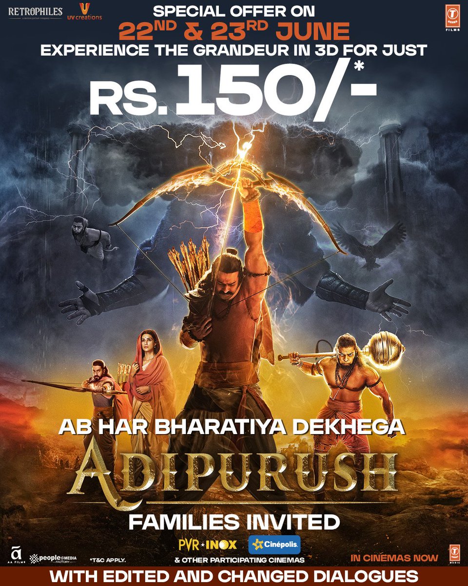 Experience the epic tale in 3D on the big screen at the most affordable price! Tickets starting at Rs150/-* ✨

Offer not valid in Andhra Pradesh, Telangana, Kerala and Tamil Nadu

3D Glass Charges as applicable.

Book your tickets on:
bookmy.show/Adipurush

#Adipurush now in…