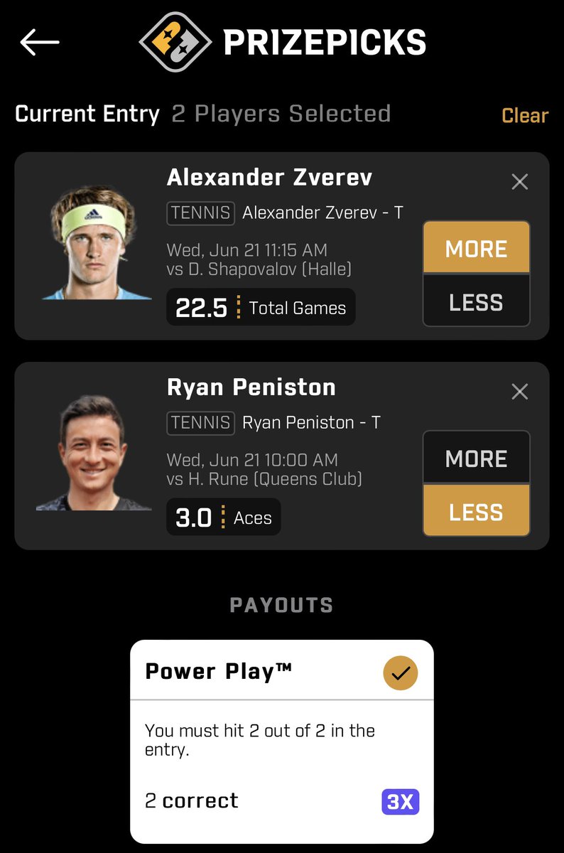 🎾#PrizePicks 2-Pick Power Play🎾

Lets triple up real quick gang 💰💰💰

🔮Zverev/Shapovalov Over 22.5 games
🔮Peniston Under 3 aces

Algorithm projection: +147 👨‍🔬

Implied edge: 7.35% 🧪

#GamblingTwitter #prizepickstennis