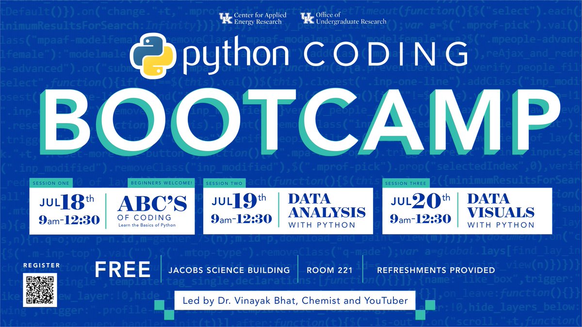 Spots are filling quickly for the free #Python bootcamp led by @vinayak_bhat_! Students from high school through graduate school are welcome! Register here: tinyurl.com/Python-UKY Dates: July 18-20, 2023, from 9:00 am – 12:30 pm in Room 221 Jacobs Science Bldg