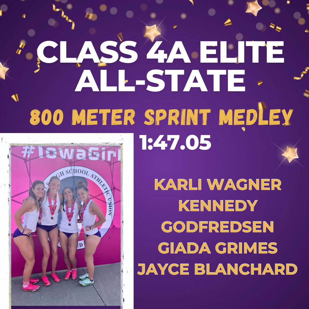 Congratulations to our 4x400, 4x800, and Sprint Medley Relay Teams for earning a spot on the 2023 Elite All-State Team. Great job ladies💜💛 @JohnstonCSD @JCSD__Athletics