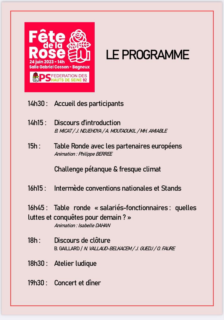 La #fêtedelarose92 c'est dans 3 jours ! Et voici, en avant-première, le programme. Il fera beau 😎, il y aura une buvette 🍹, des tables rondes 🎤, une bourse aux livres 📚 et un tournoi de pétanque !