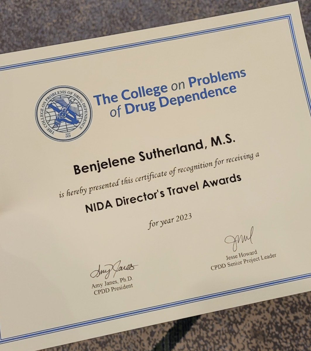 Thank you so much to @CPDDorg @NIDAnews for the #NIDA director's travel award. I feel deeply honored! #cpdd23 #cpdd2023
