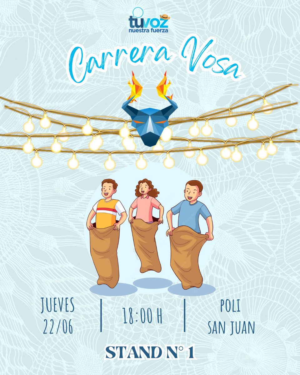 TVNFPUNA's tweet photo. Tu Voz presente una vez más en el “Poli San Juan” 🤩🎉
Acércate al STAND N1 a saborear deliciosas comidas típicas😋
Además, desafía a tu amigo a una emocionante Carrera Vosa🏁

¡Te esperamos este jueves 22 de junio desde las 18:00H en la FPUNA! 🥳💙 https://t.co/YLHMhUr4tc
