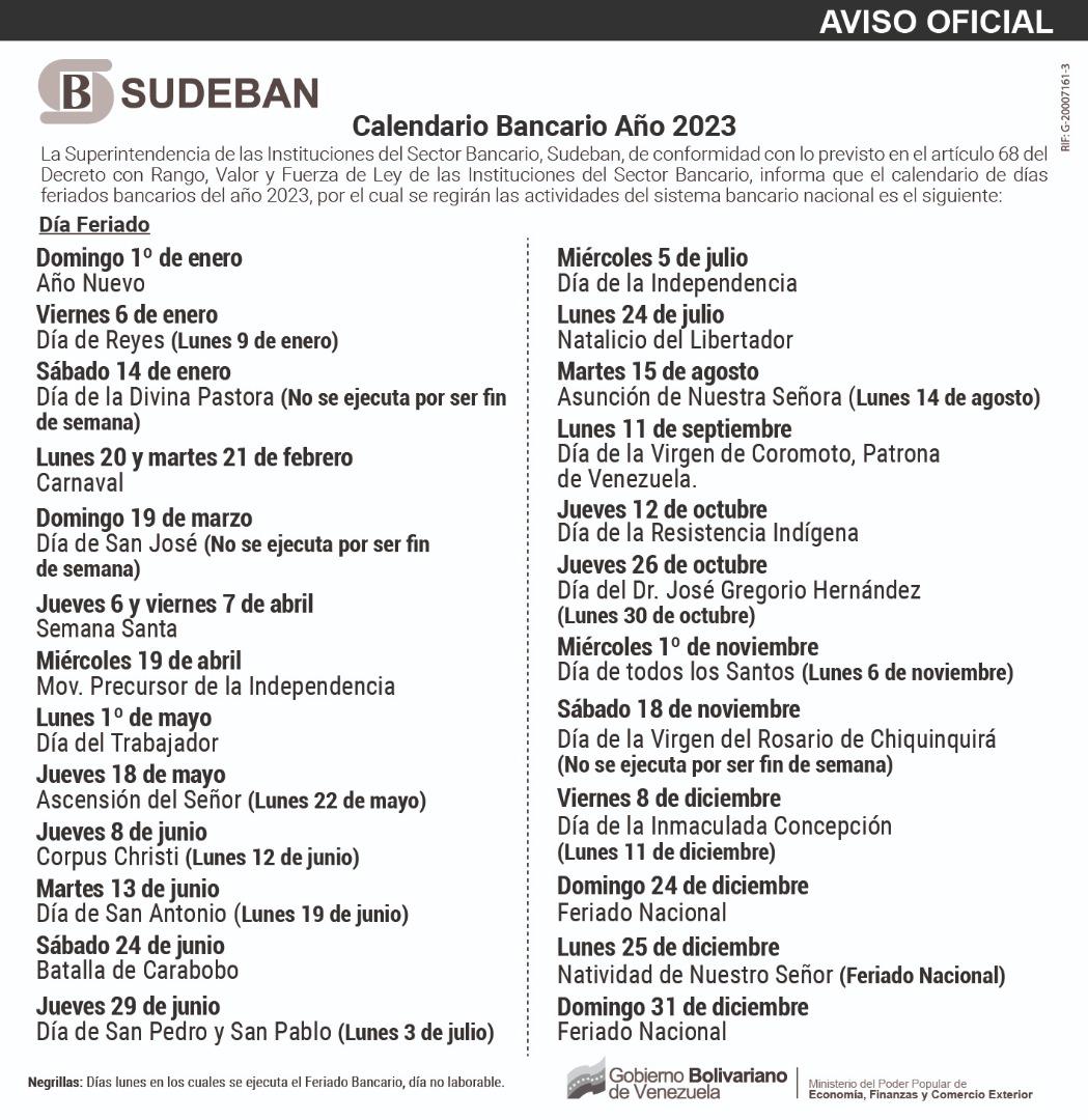 #DeInterés || Sudeban pone a la disposición de toda la ciudadanía, el calendario bancario del año 2023.

#Sudeban #Banca #EconomíaDigital #SupervisandoEnRevolución #CalendarioBancario #PatriaProductiva