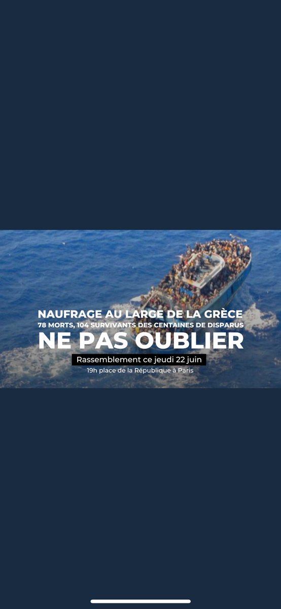 lacimade's tweet photo. ⚫ Suite au naufrage qui a eu lieu au large de la Grèce, un rassemblement de commémoration est organisé demain Place de la République à Paris à 19h

#PylosShipwreck https://t.co/uvGv96BWY5