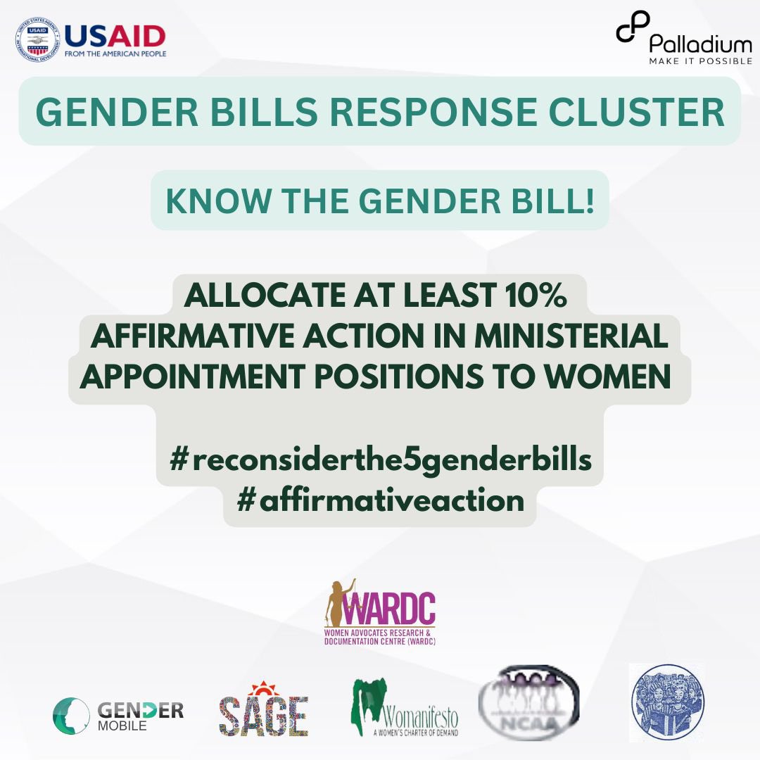 womenadvocate's tweet photo. Women’s representation across elective and appointive offices in Nigeria is below 5%. We believe reconsideration and passage of these bills for Affirmative Action will make the Nigerian Constitution specifically address detrimental low representation. 
#reconsiderthe5genderbills https://t.co/zYxf5gyaZE