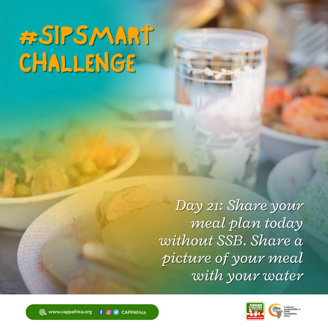 Good day guys, It's day 21 of the #SipSmartChallenge with @CAPPAfrica and @IncubatorGHAI. Remember when taking your lunch and dinner today, make sure it's only with sparkling water or home made fruit drink. Say no to Sugar added beverages. Stay healthy.
Support the #SSBTaxSaves.