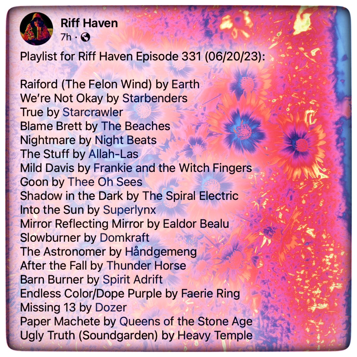 #RiffHaven #RadioBoise #Earth #Starbenders #Starcrawler #TheBeaches #NightBeats #AllahLas #FrankieandtheWitchFingers #Osees #SpiralElectric #Superlynx #EaldorBealu #Domkraft #Handgemeng #Thunderhorse #SpiritAdrift #FaerieRing #Dozer #QOTSA #HeavyTemple