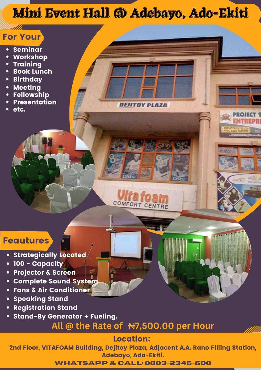 isaacolusadek's tweet photo. Affordable, 100-Capacity, Well-Equipped, Strategically Located Mini Event Hall at Ado-Ekiti, Ekiti State for any of your Events. https://t.co/mokh1fu2V3