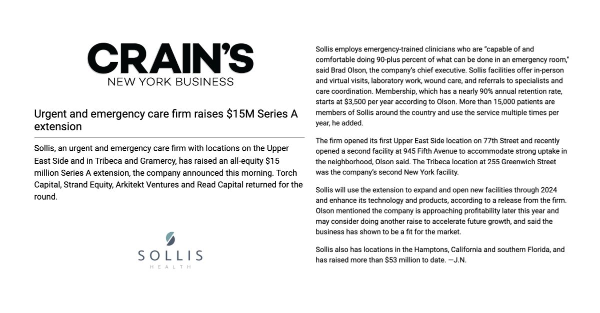 Thank you
<a href="/CrainsNewYork/">Crain's New York</a>  for sharing news of our Series A Extension Round!  Read our CEO Brad Olson’s interview here. >  sollishealth.com/wp-content/upl…