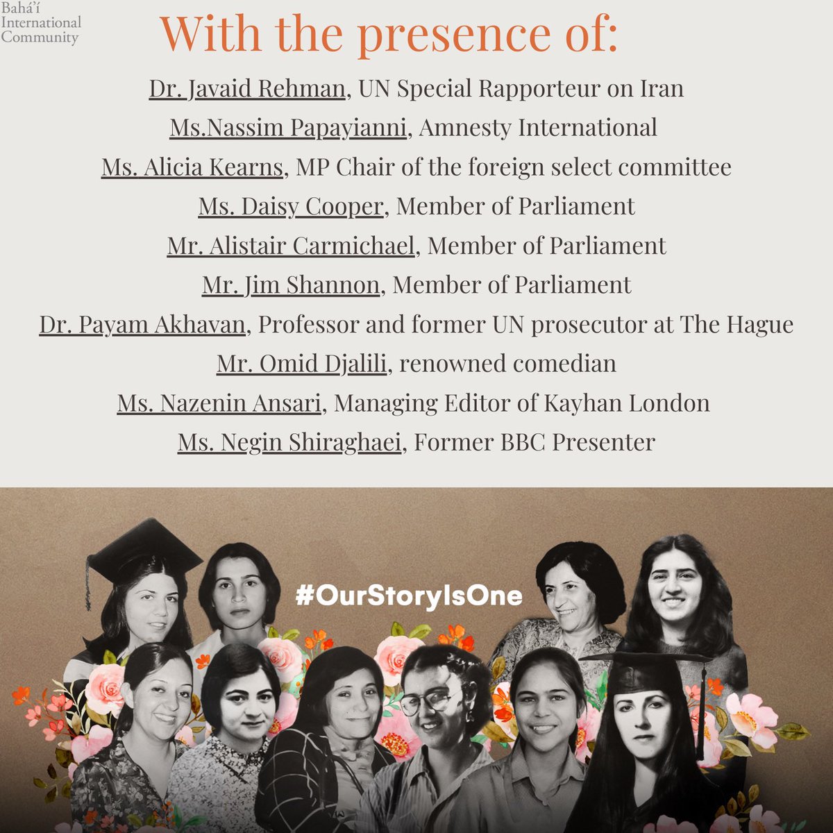 Join us virtually tonight for the Global Commemorative Event of the “Our Story Is One” campaign!

#event #London #OurStoryIsOne #bahai #bahaifaith #iran #humanrights #women_of_iran #womenofiran #equality #genderequality #womenrights #shiraz #art #video      
  #داستان_ما_یکیست…