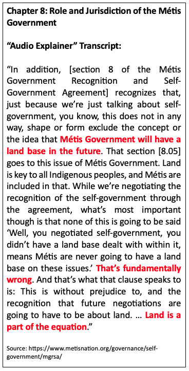 According to the MNO website, it is 'fundamentally wrong' to say that the Métis Government won't seek a land base in the future. Listen to Chapter 8 Audio Explainer [3:32-5:00] here: metisnation.org/governance/sel… Transcript: