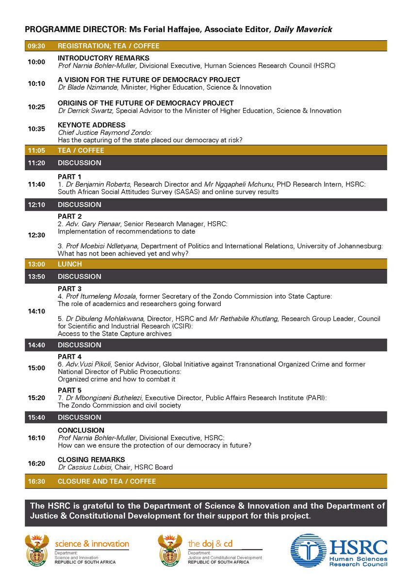 OCJ_RSA's tweet photo. Media Advisory: The Human Sciences Research Council (HSRC) will host a colloquium on the post-Zondo commission and the future of democracy on Thursday, 22 June 2023.
#HSRCza #Colloquium #ZondoCommission https://t.co/uqMugCgC01