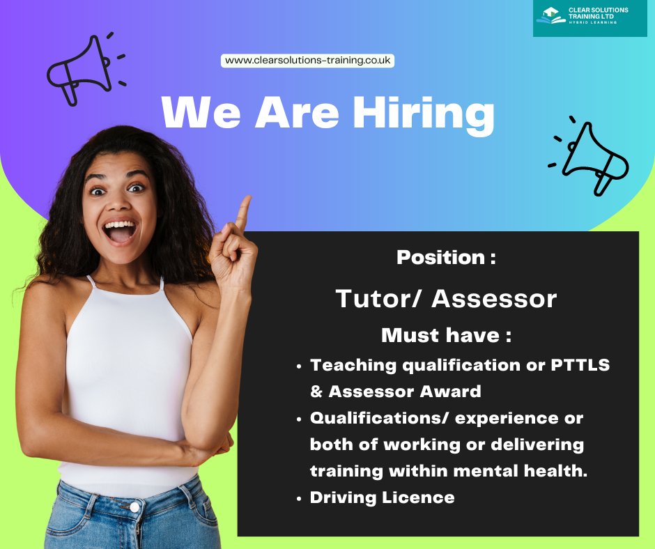 ClearSolutions2's tweet image. Great News!!  Clear Solutions Training Ltd is hiring a Tutor/Assessor 🎓
The role will be to deliver and assess health and well-being qualifications- such as mental health awareness.
You must have a teaching qualification or PTLLS, the assessors award and…